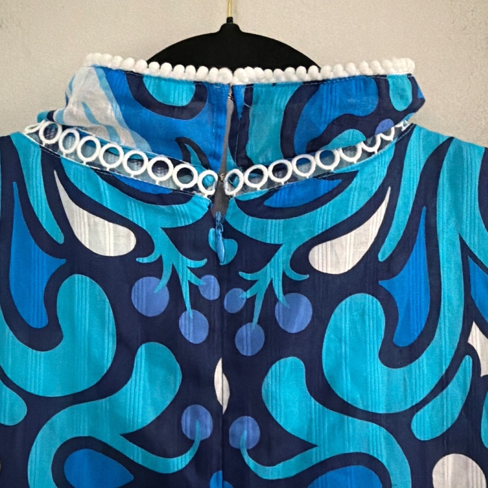 Lesley Evers Blue Paisley Cotton Midi Dress Eyelet Trim Pockets Large - Picture 7 of 14